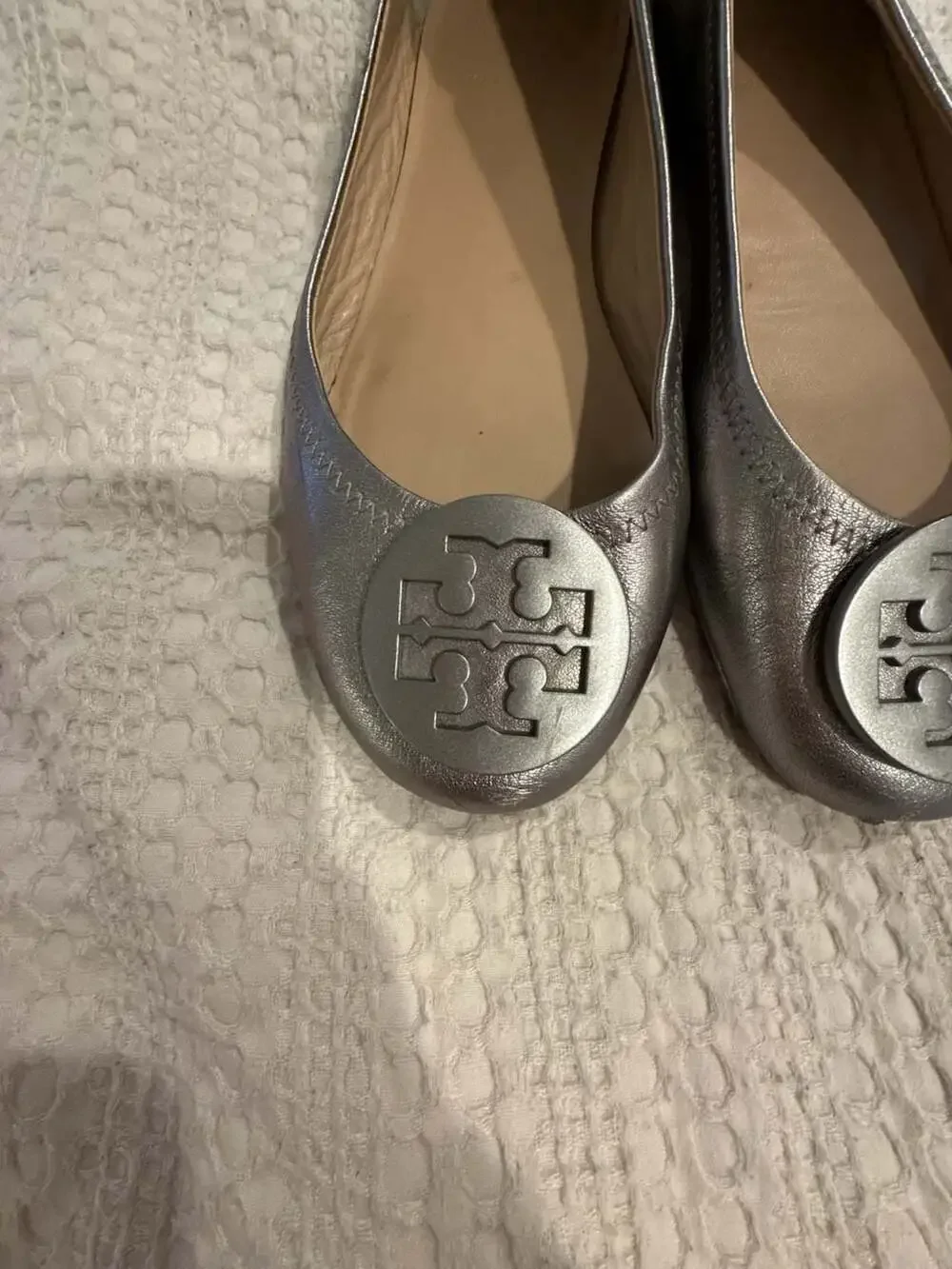 Tory Burch Reva Metallic Silver Leather Ballet Flats